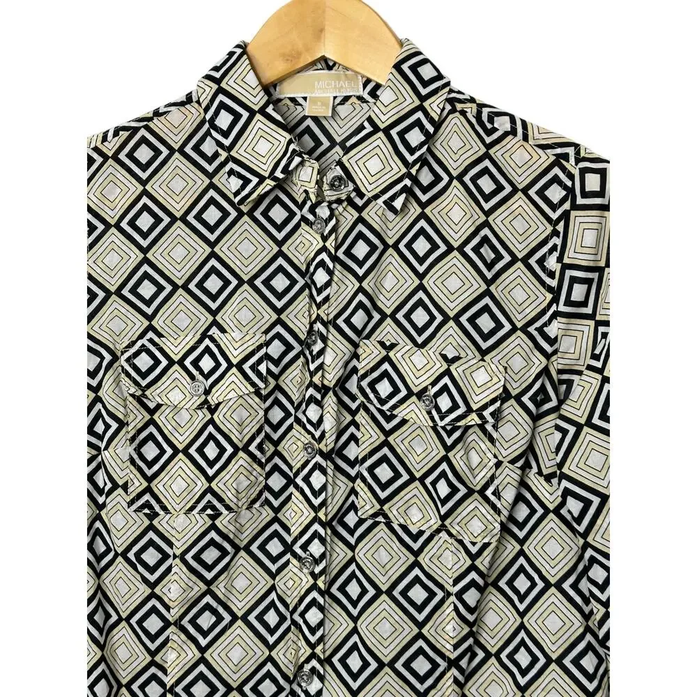 Michael Kors Black & Tan Geometric Print Retro Look Button-Up Shirt Womens Small